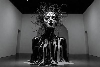 The primary subject of the image is a woman with a unique and artistic appearance. She is wearing a black dress and has a striking hairstyle, featuring a mix of black and white colors. The setting is a room with a white wall, which provides a clean and minimalistic backdrop for the woman's striking visual style. The visual style of the image is a combination of digital art and illustration, creating a surreal and intriguing atmosphere. The colors and mood of the image are predominantly black and white
